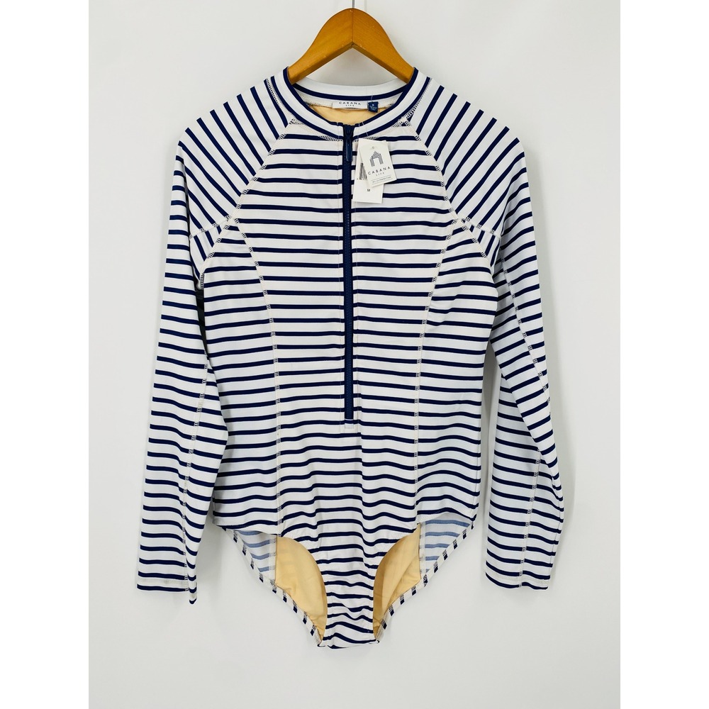 Cabana Life Rash Guard One Piece Swimsuit Women M Blue White Striped Zip UV 50+